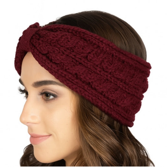 Vegan Chunky Knit Bow Headband Ear Warmer Burgundy Winter Accessory
