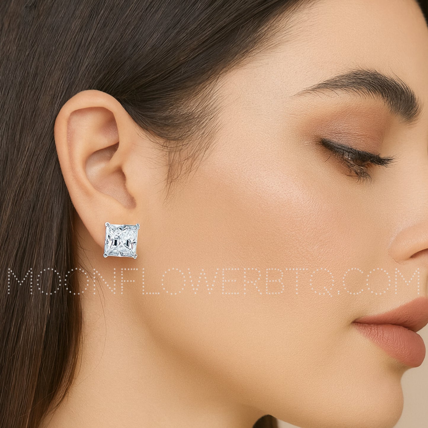 18k White Gold Square CZ Stud Earrings | Hypoallergenic Stainless Steel