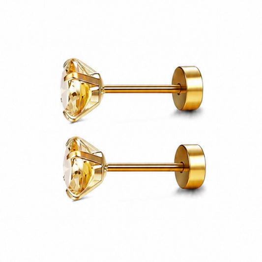 Yellow CZ Flat Back Stud Earrings Gold - 20G 5mm