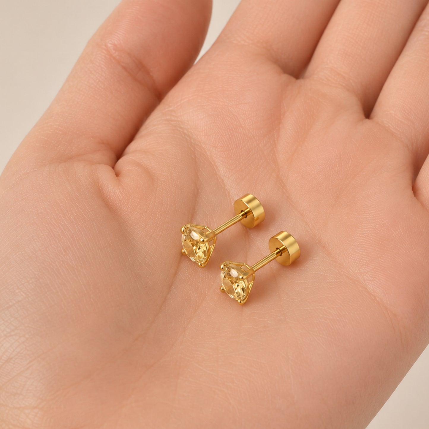 Yellow CZ Flat Back Stud Earrings Gold - 20G 5mm