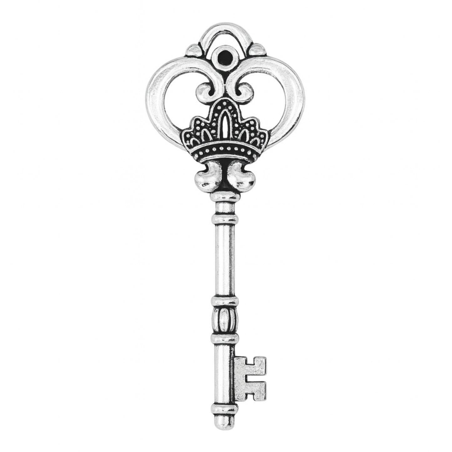 Vintage Crown Skeleton Key Pendant Charm – Silver Tone – DIY Jewelry, Necklace, Keychain