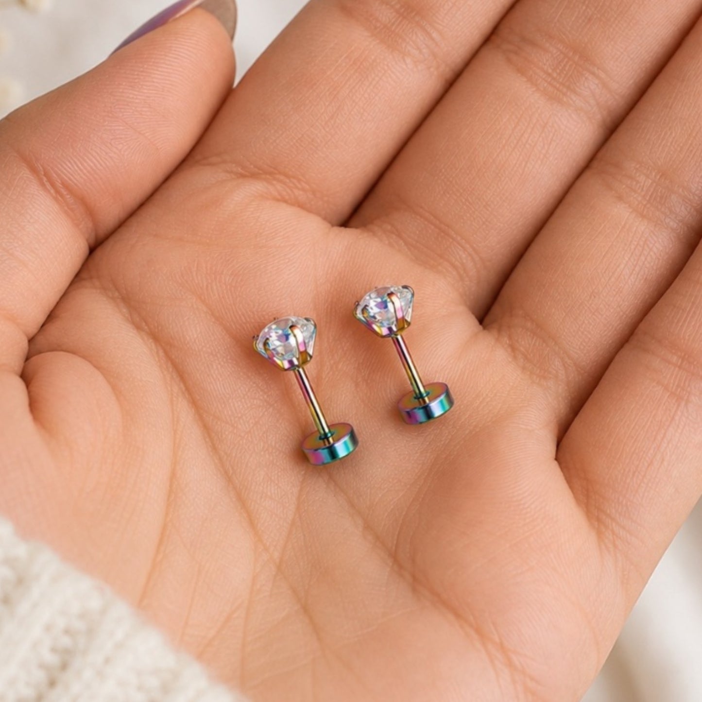 Rainbow CZ Flat Back Stud Earrings – 20G 5mm