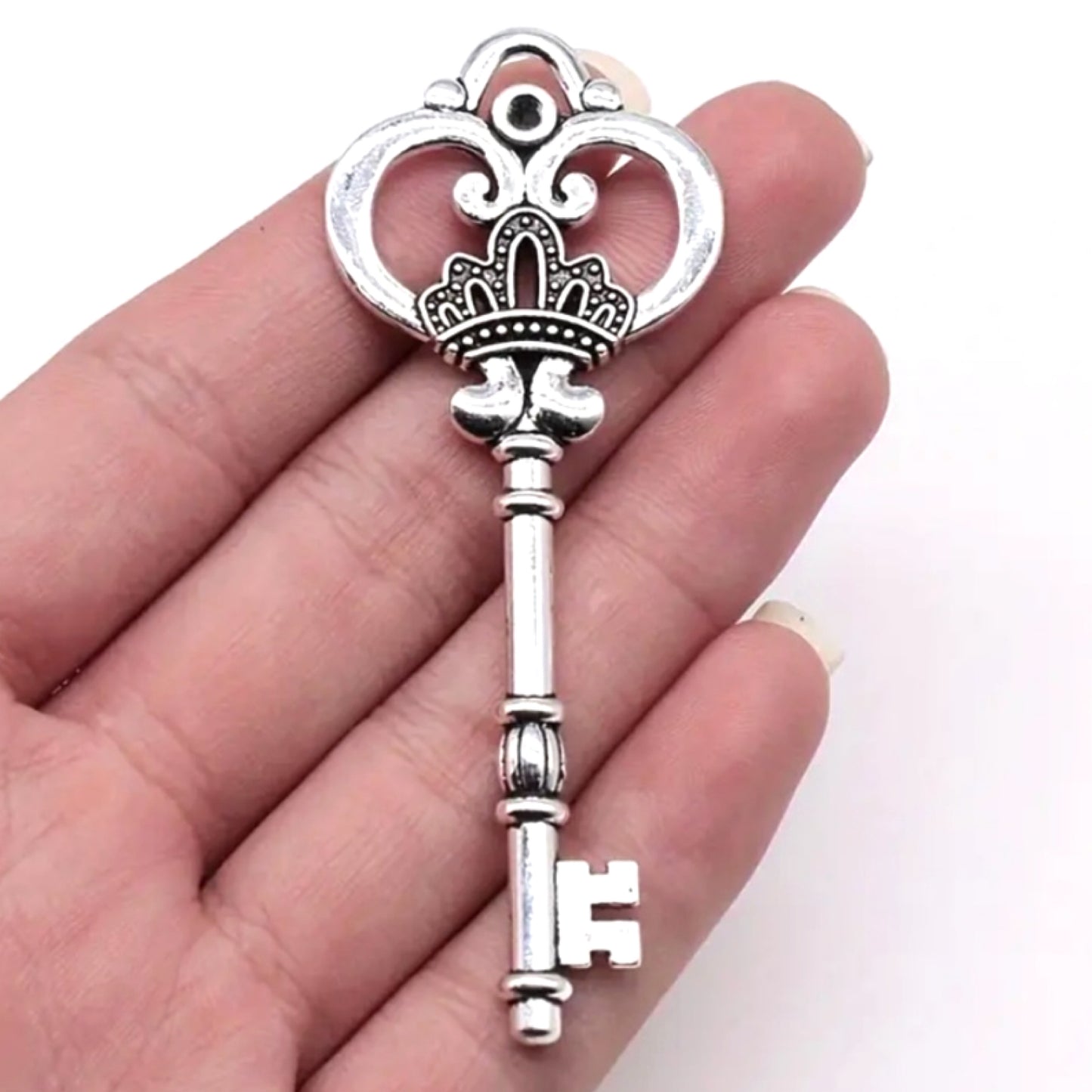 Vintage Crown Skeleton Key Pendant Charm – Silver Tone – DIY Jewelry, Necklace, Keychain