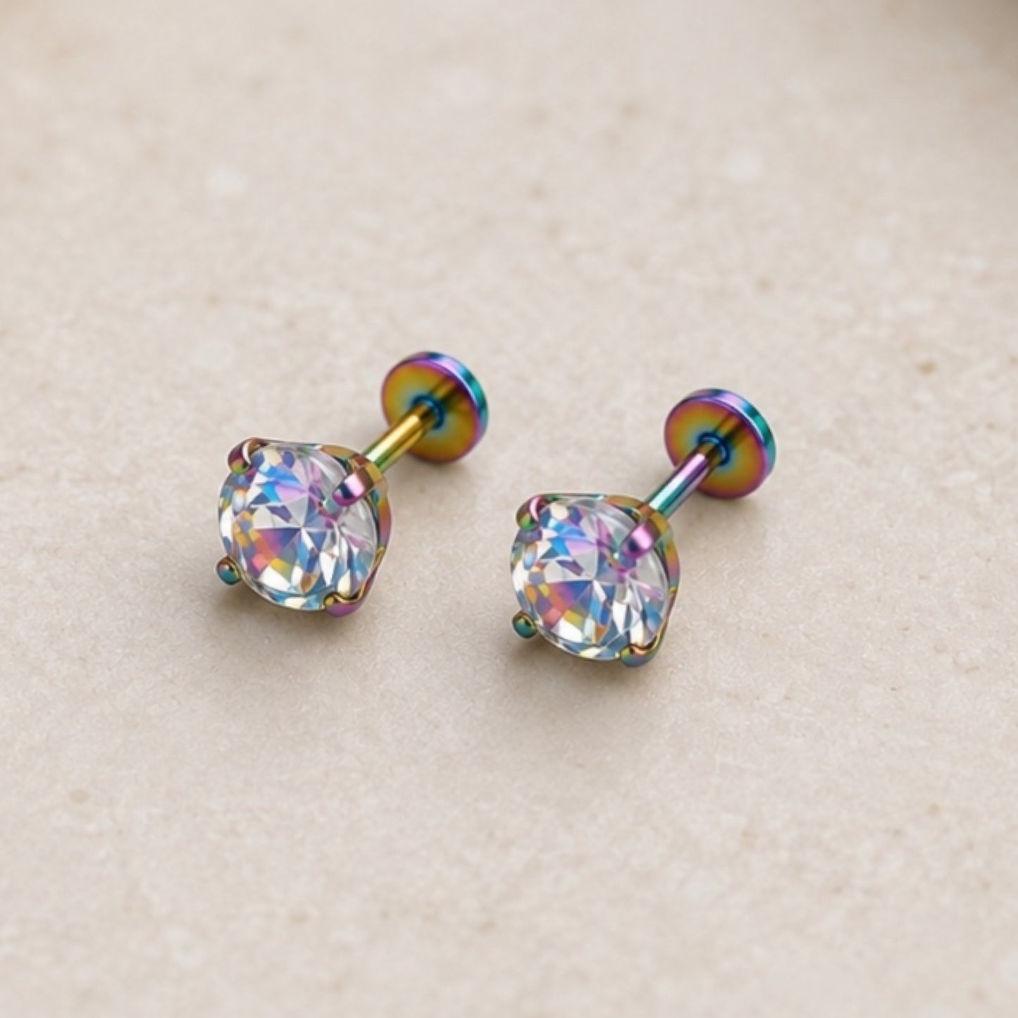 Rainbow CZ Flat Back Stud Earrings – 20G 5mm