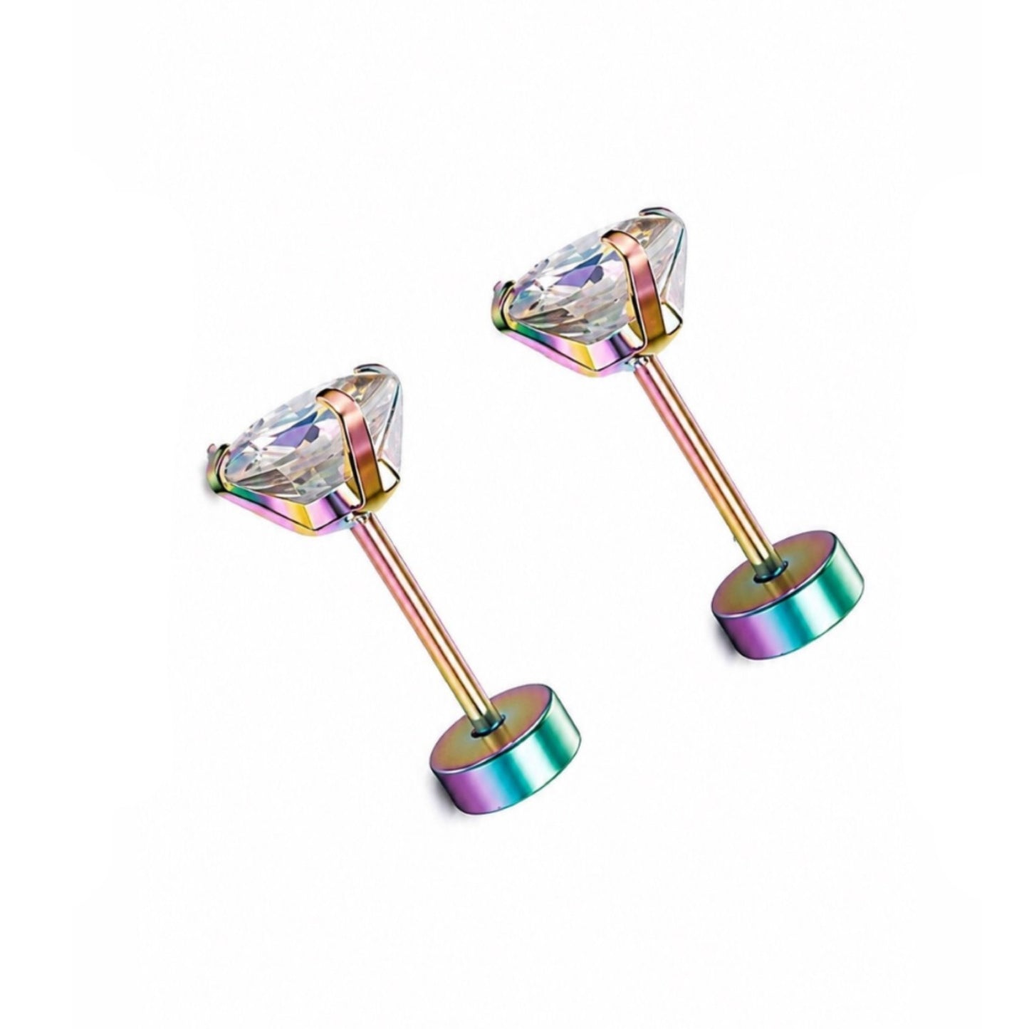 Rainbow CZ Flat Back Stud Earrings – 20G 5mm