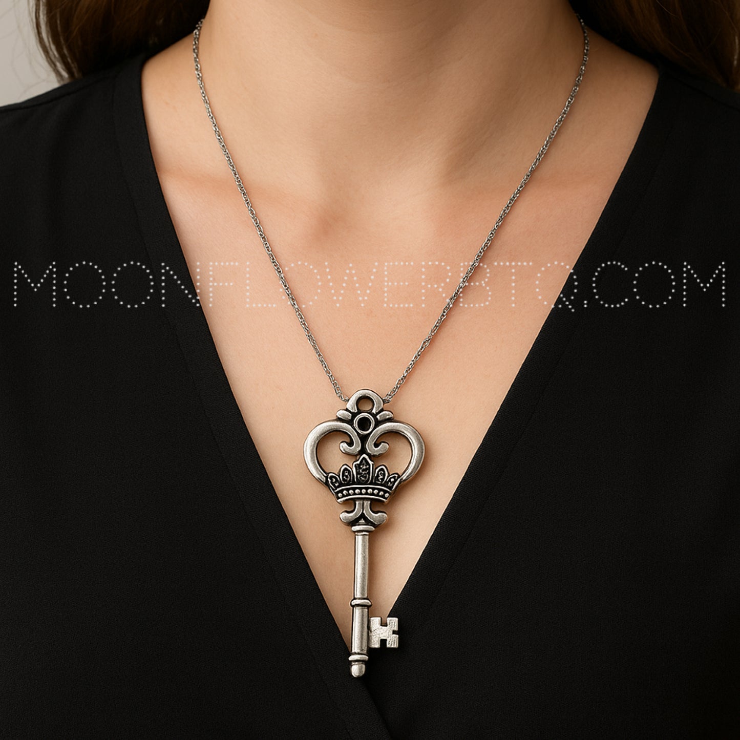 Vintage Crown Skeleton Key Pendant Charm – Silver Tone – DIY Jewelry, Necklace, Keychain