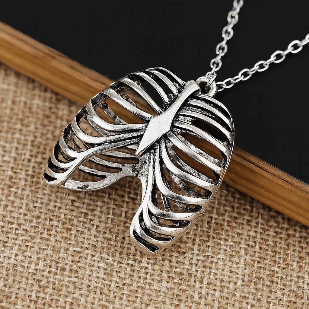 Silver Rib Cage Pendant Necklace | Stainless Steel Gothic Anatomical Jewelry