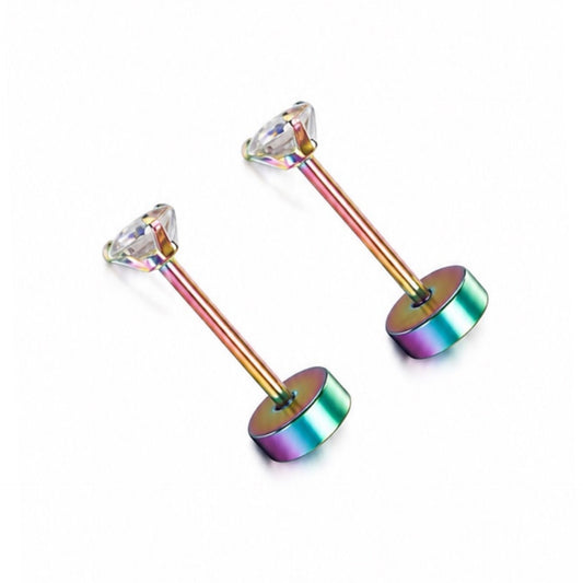 Tiny Iridescent Rainbow CZ Stud Earrings – 20G 3mm
