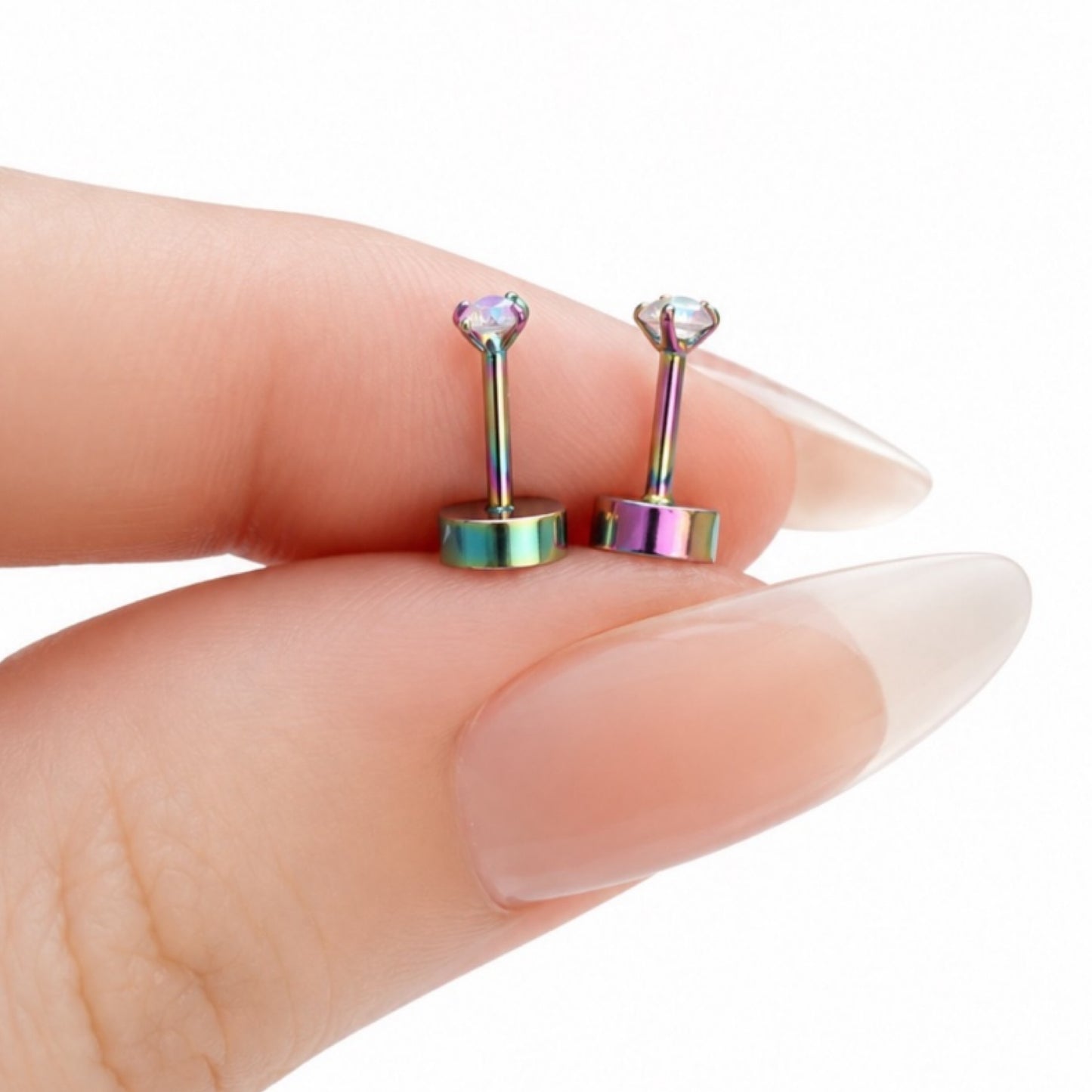 Tiny Iridescent Rainbow CZ Stud Earrings – 20G 3mm