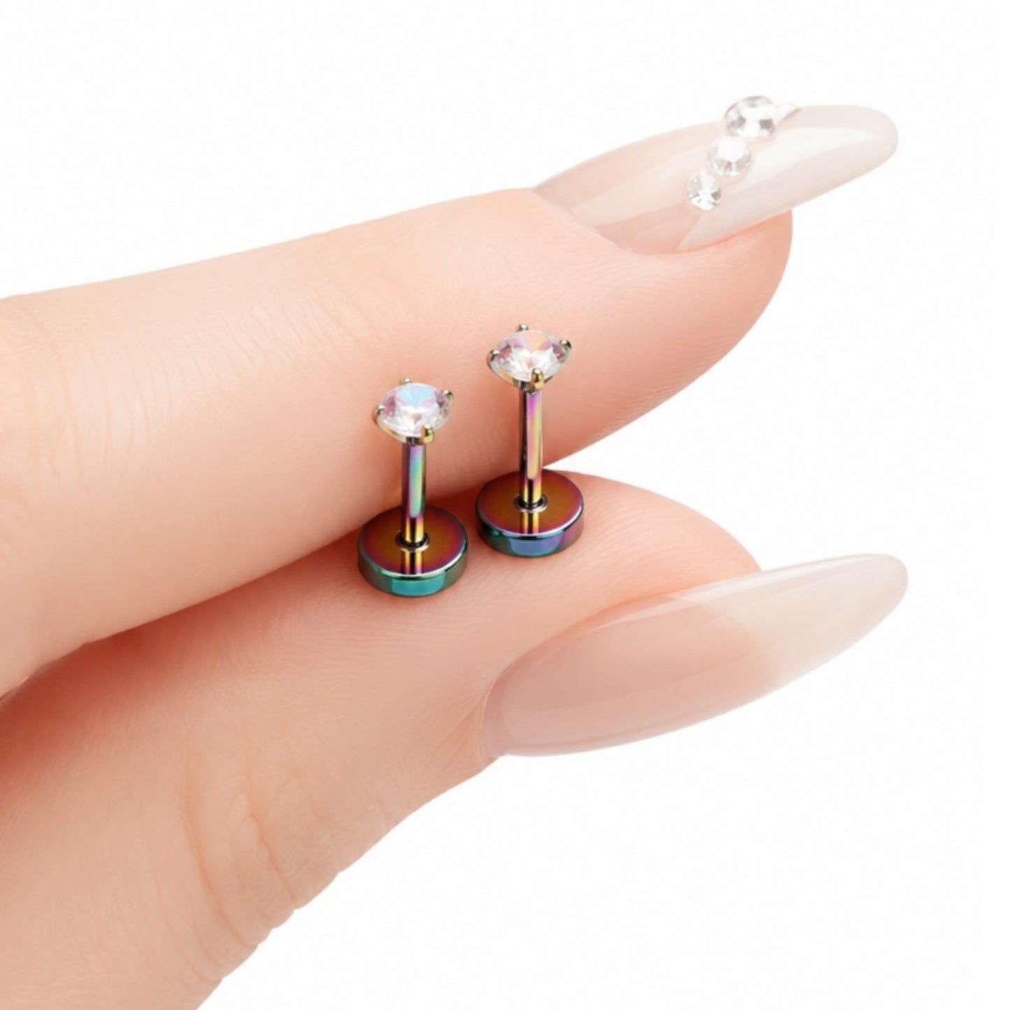 Tiny Iridescent Rainbow CZ Stud Earrings – 20G 3mm