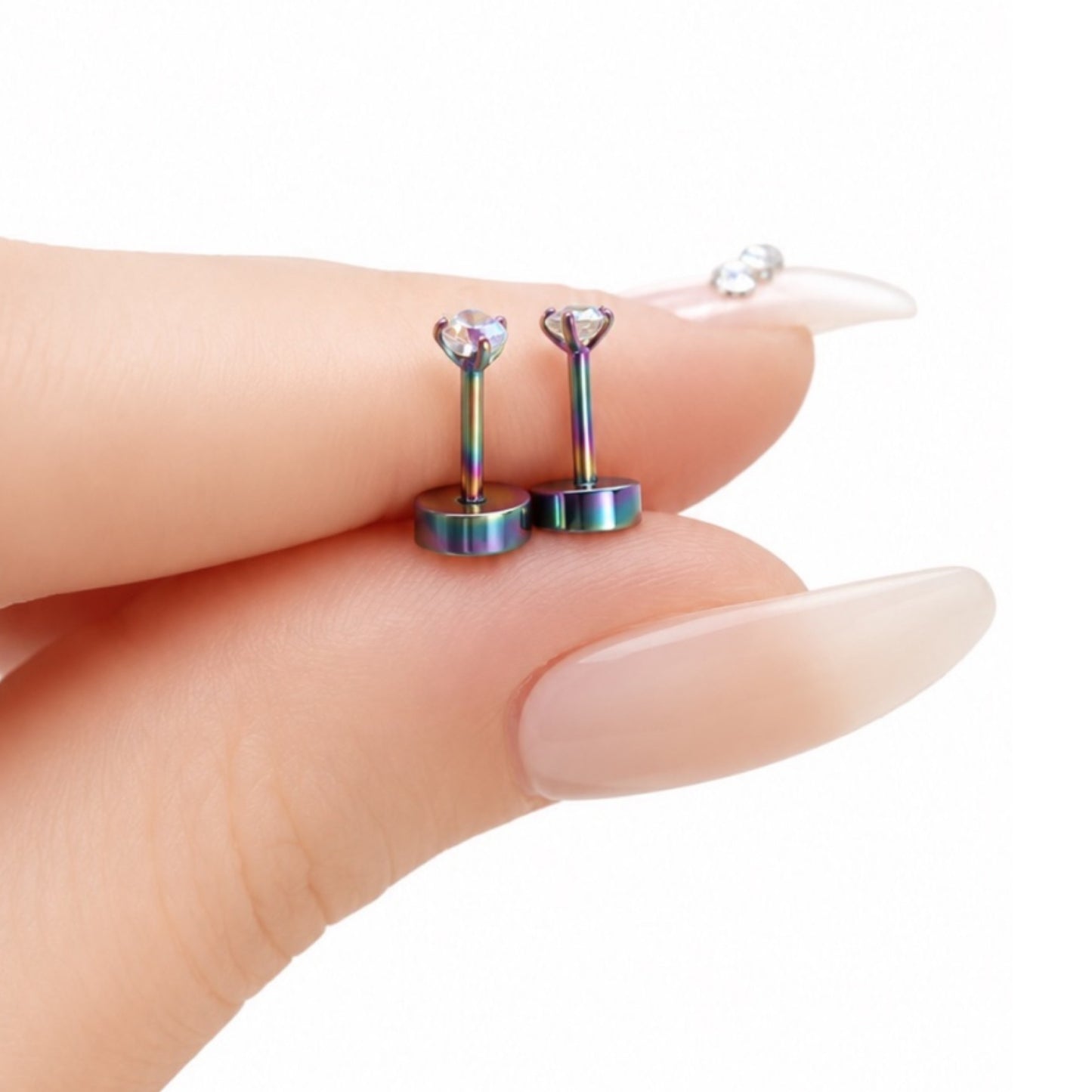 Tiny Iridescent Rainbow CZ Stud Earrings – 20G 3mm