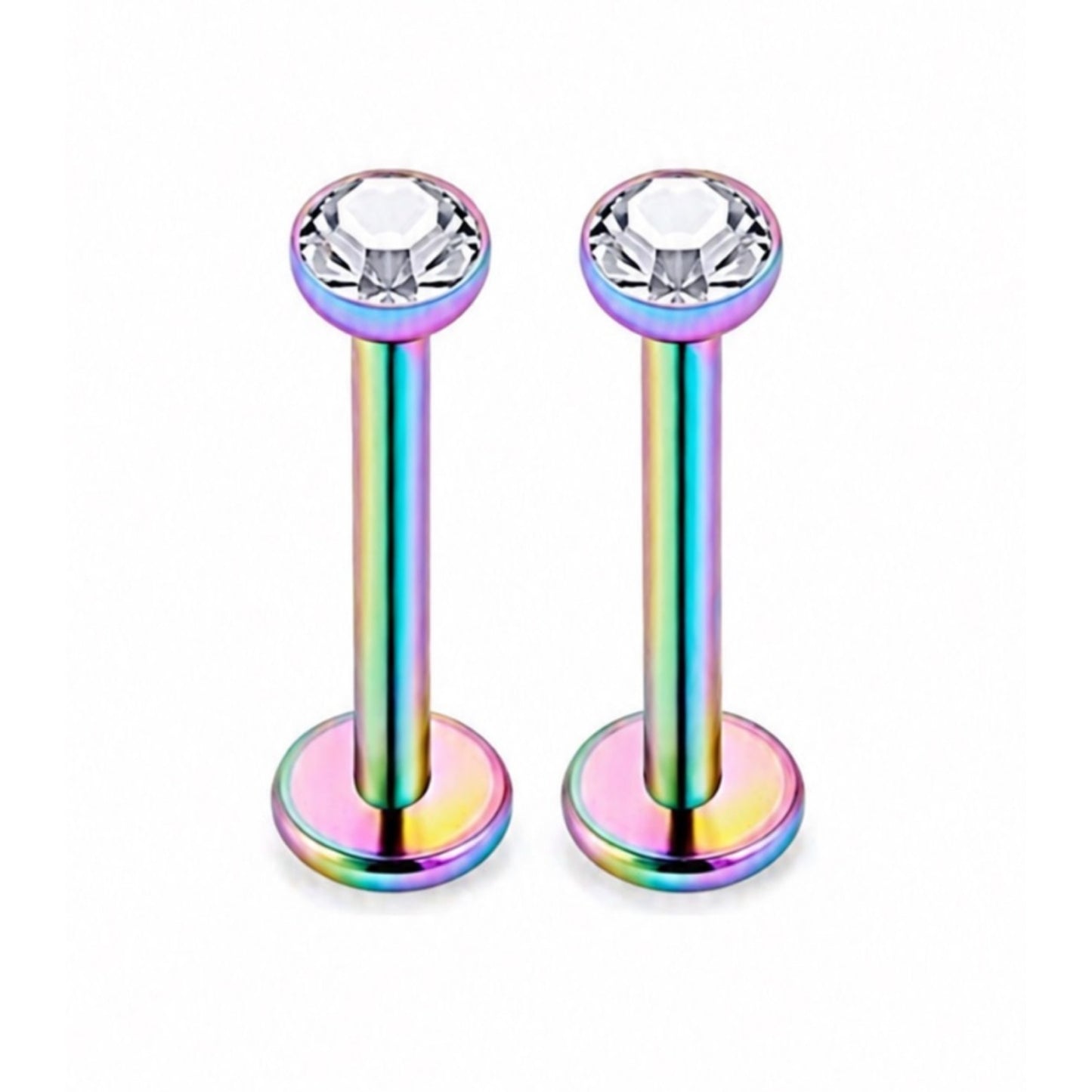 Rainbow Stainless Steel CZ Stud Earrings – Flat Back 16G