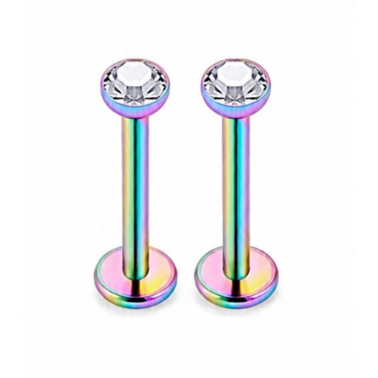 Rainbow Stainless Steel CZ Stud Earrings – Flat Back 16G