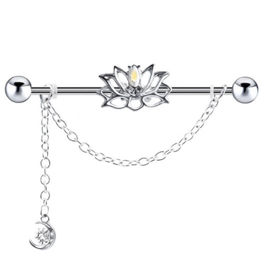 14G 38mm Lotus Flower Industrial Barbell Earring | Moon Dangle Chain