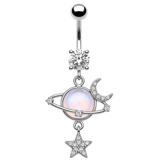 Planet Moon Star Opal Belly Button Ring – Hypoallergenic Stainless Steel 14G