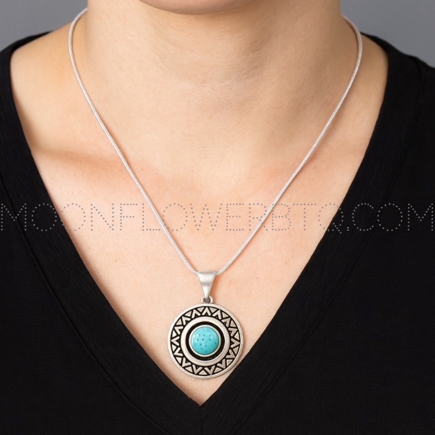 Turquoise Stone Tribal Circle Pendant Necklace – 18” Silver Snake Chain
