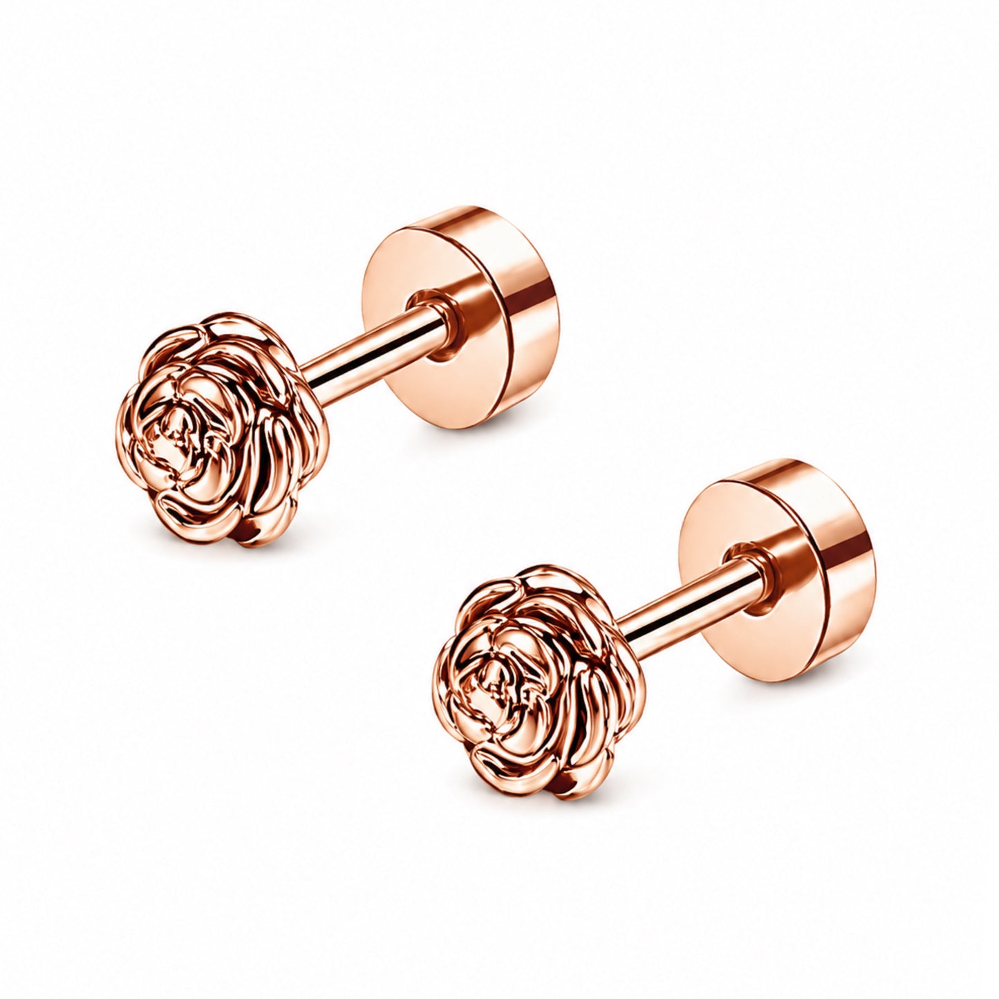 Rose Gold Rose Bud Flower Flat Back Stud Earrings
