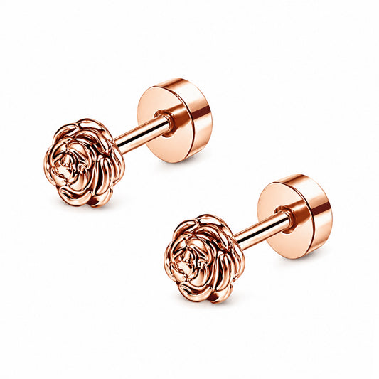 Rose Gold Rose Bud Flower Flat Back Stud Earrings