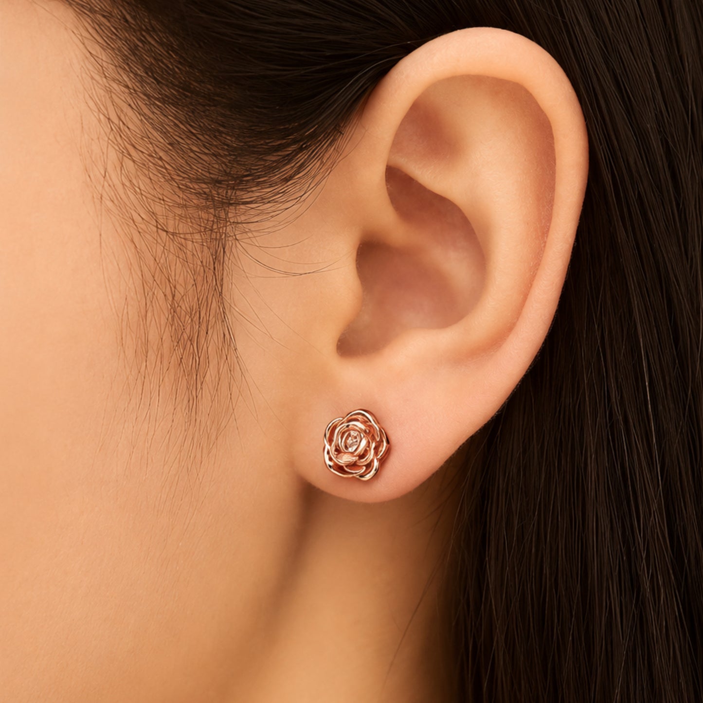 Rose Gold Rose Bud Flower Flat Back Stud Earrings
