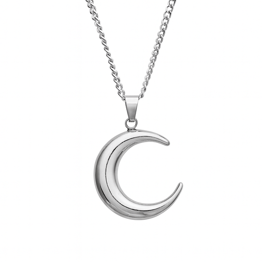 Silver Crescent Moon Pendant Necklace | 20” Stainless Steel Chain