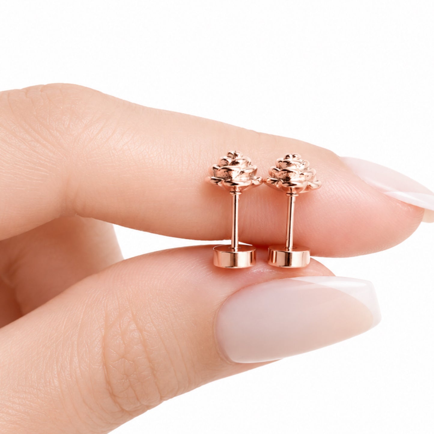 Rose Gold Rose Bud Flower Flat Back Stud Earrings