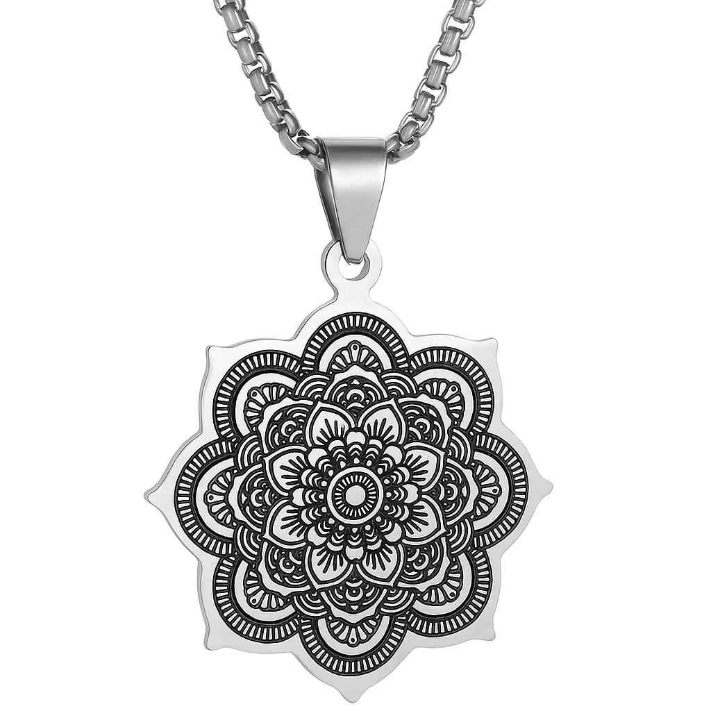 Mandala Pendant Necklace | Stainless Steel 24” Chain | Boho Spiritual Jewelry