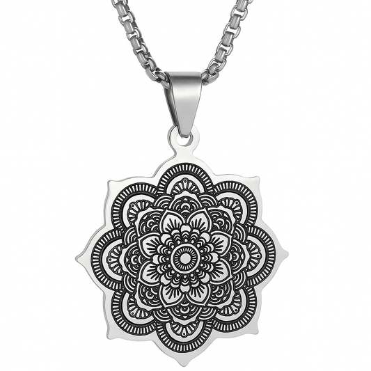 Mandala Pendant Necklace | Stainless Steel 24” Chain | Boho Spiritual Jewelry