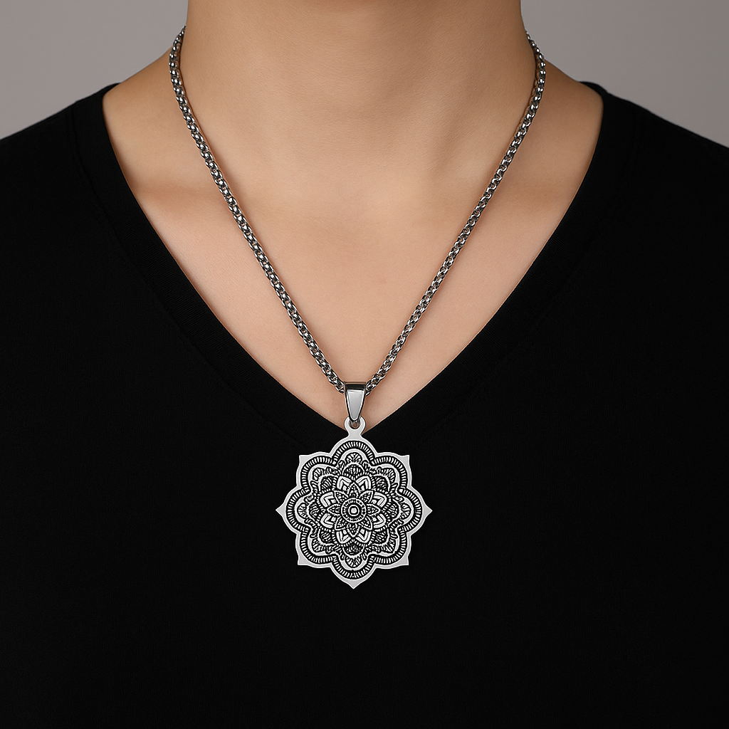 Mandala Pendant Necklace | Stainless Steel 24” Chain | Boho Spiritual Jewelry