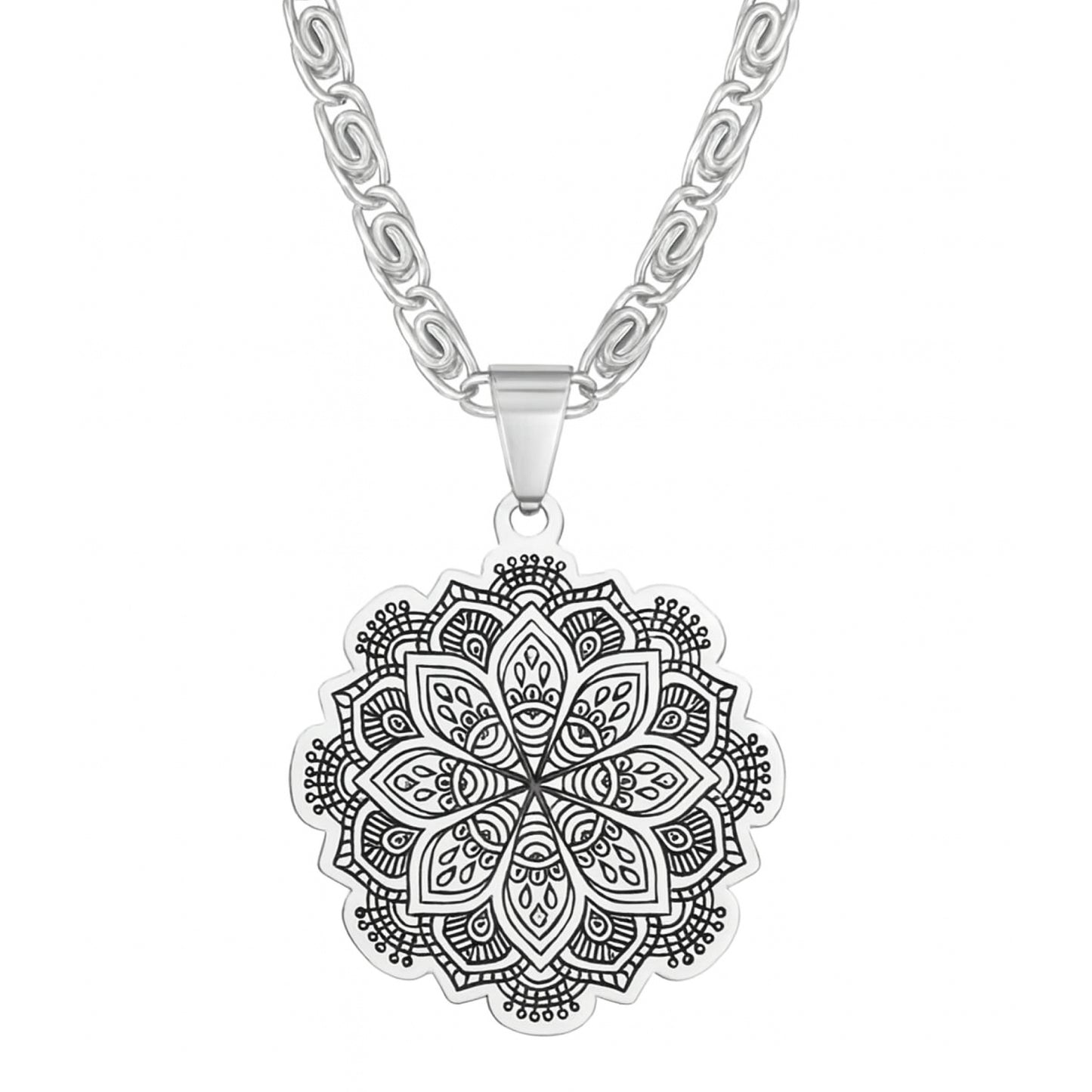 Silver Mandala Pendant Necklace Stainless Steel Byzantine Chain 20” | Boho Spiritual Jewelry