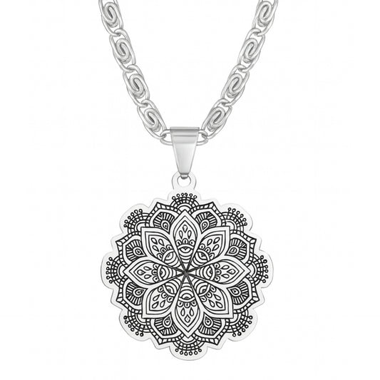 Silver Mandala Pendant Necklace Stainless Steel Byzantine Chain 20” | Boho Spiritual Jewelry