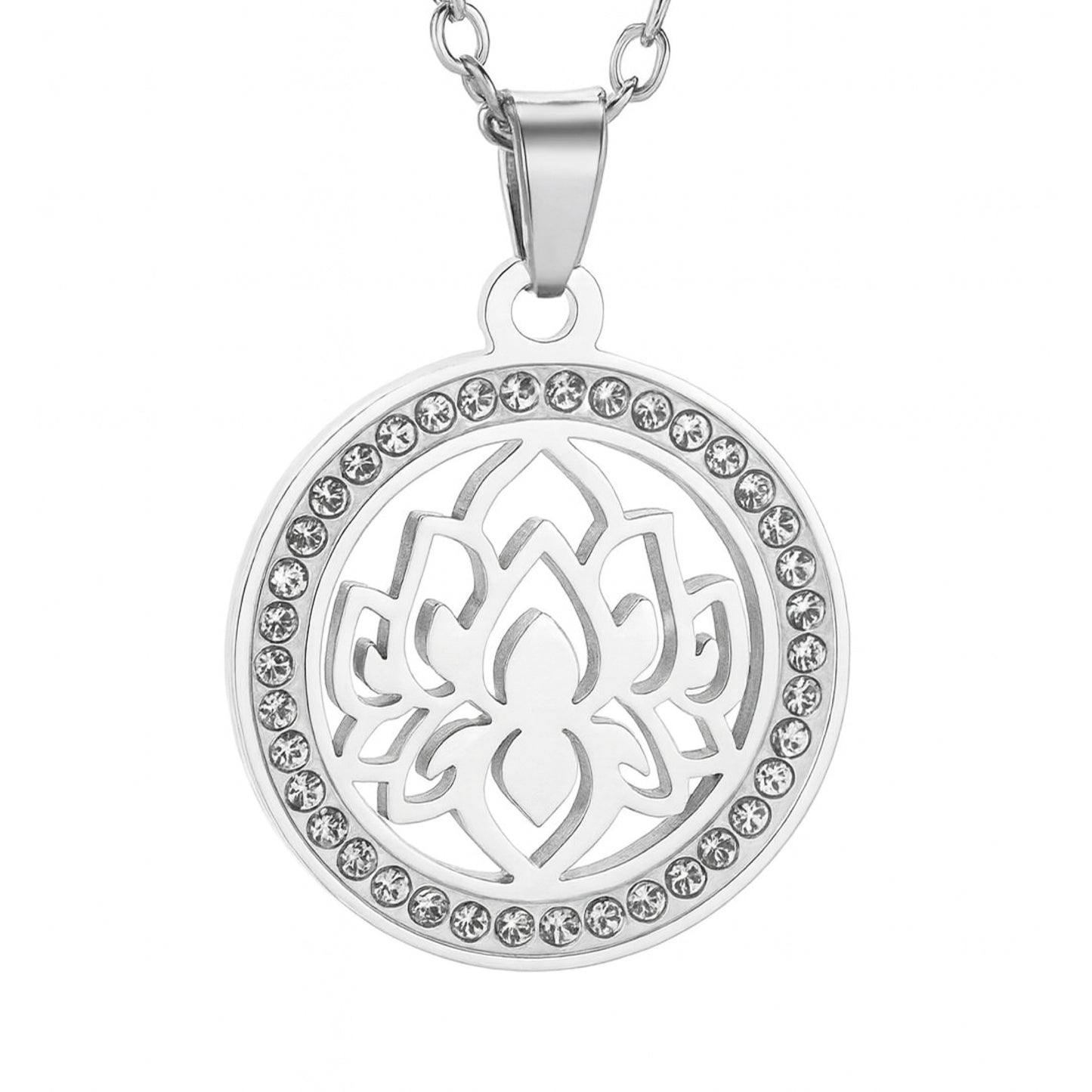 Stainless Steel Lotus CZ Circle Pendant Necklace 20” Chain