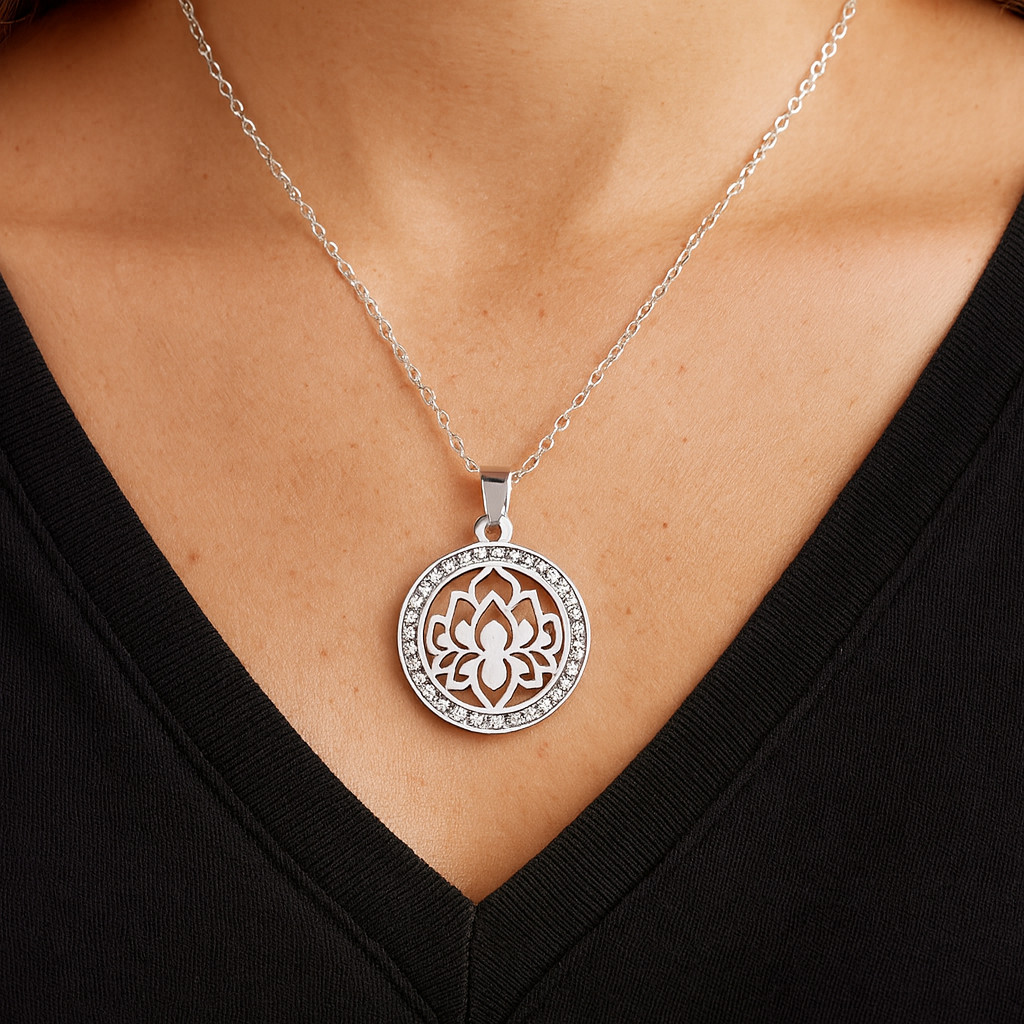 Stainless Steel Lotus CZ Circle Pendant Necklace 20” Chain