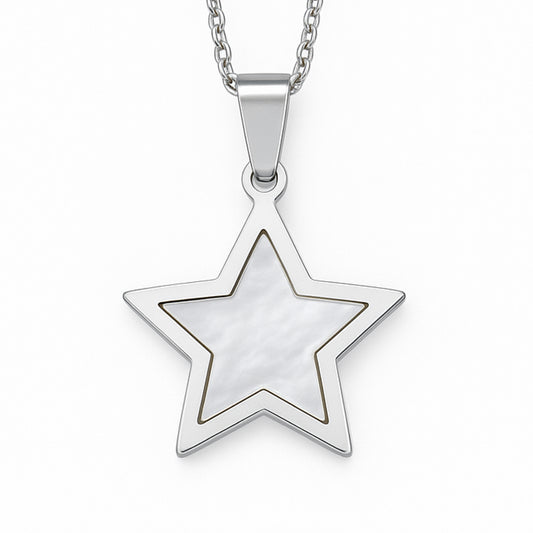 Celestial Star Necklace | Pearly Pendant | Stainless Steel 20” Chain