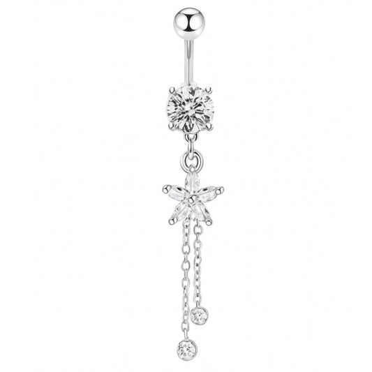 Stainless Steel Belly Button Ring | Dangle Star CZ Chains | 14G Curved Barbell Navel Piercing