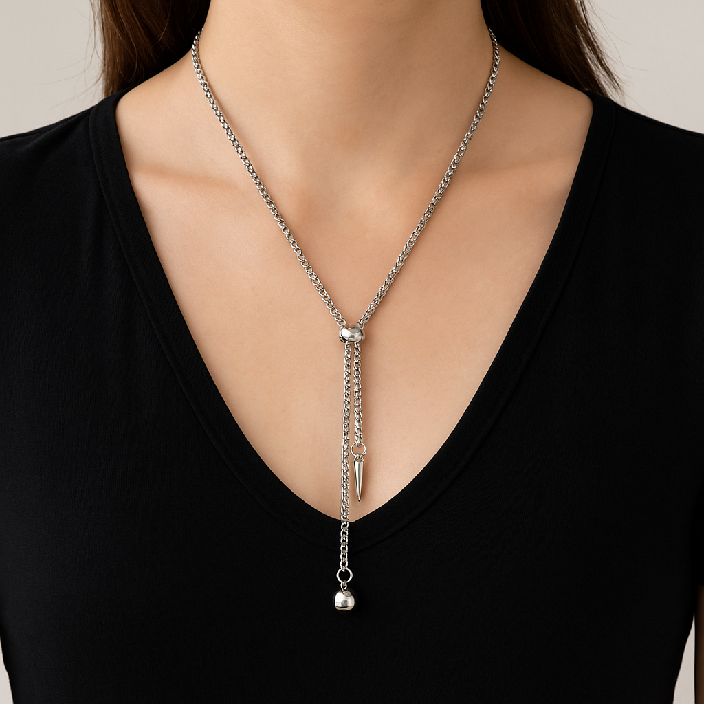 Titanium Bolo Necklace | 27” Adjustable Chain | Spike & Ball Pendant Y Lariat Jewelry