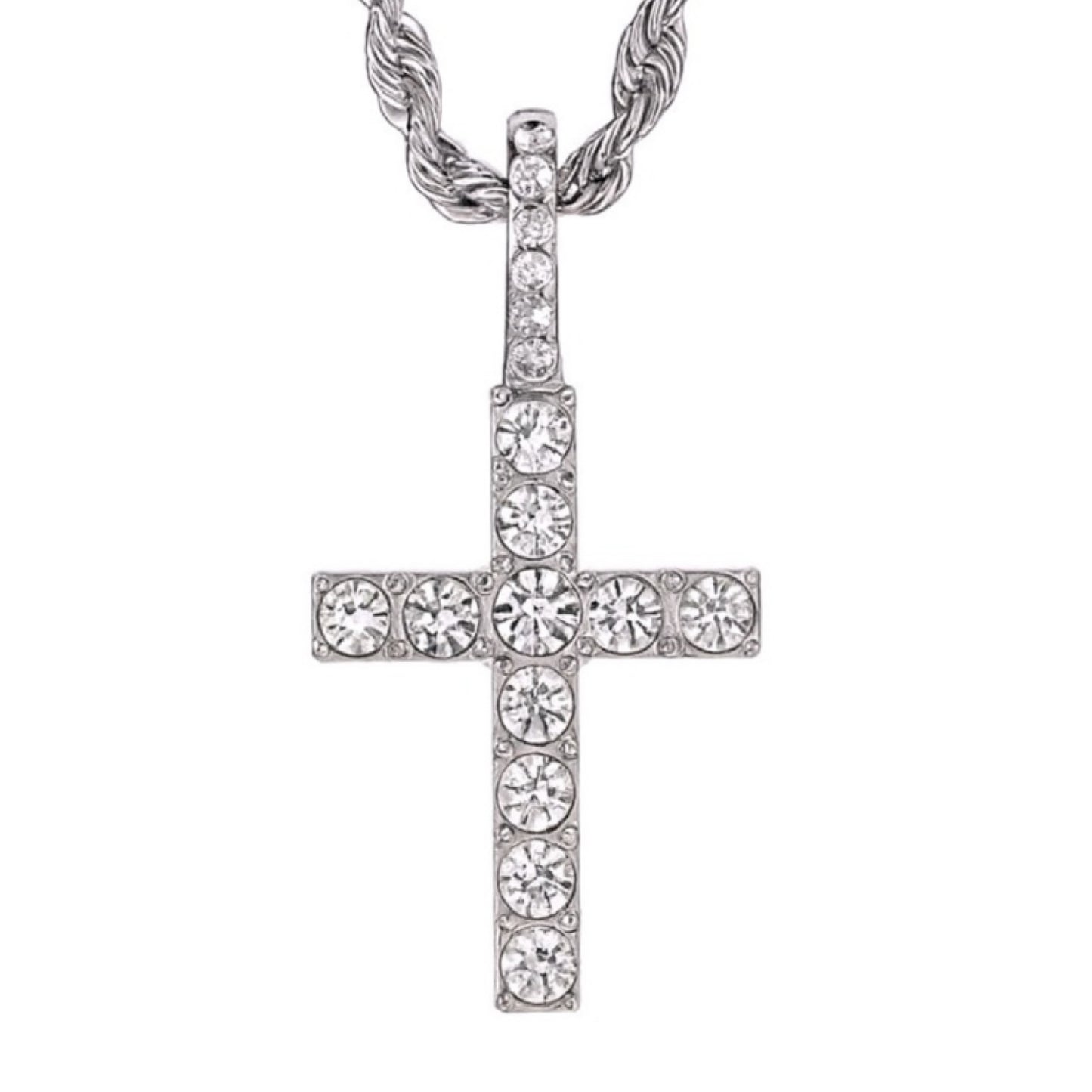 White Gold CZ Cross Necklace – Stainless Steel Rope Chain 22”