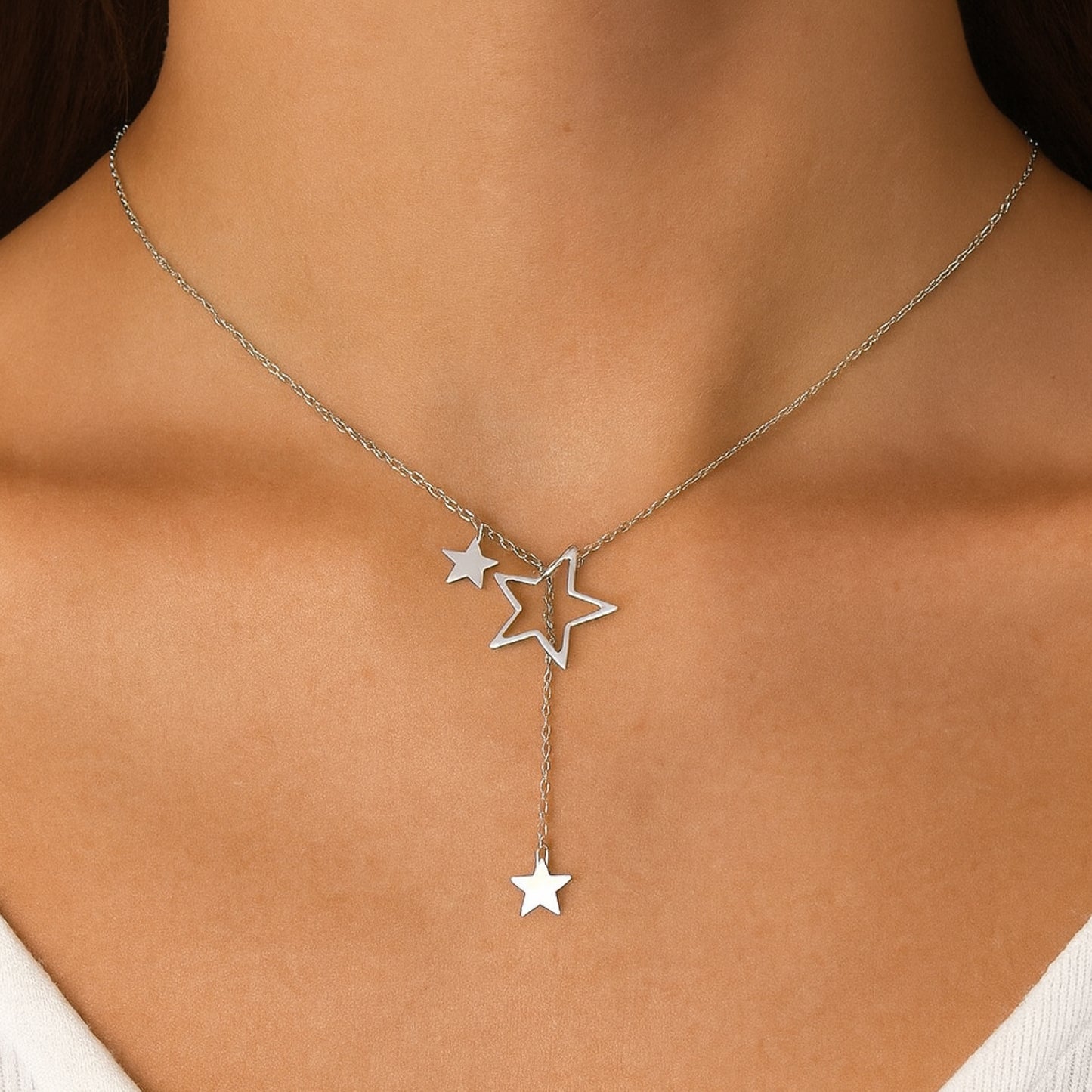 Silver Star Y Necklace | Stainless Steel Layered Drop Pendant | Celestial Choker Lariat Jewelry