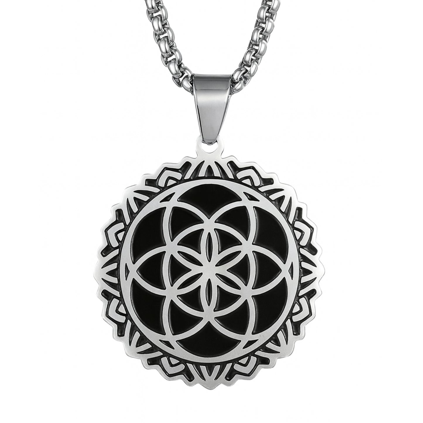Stainless Steel Necklace | 24” Chain | 2” Geometric Mandala Pendant | Jewelry