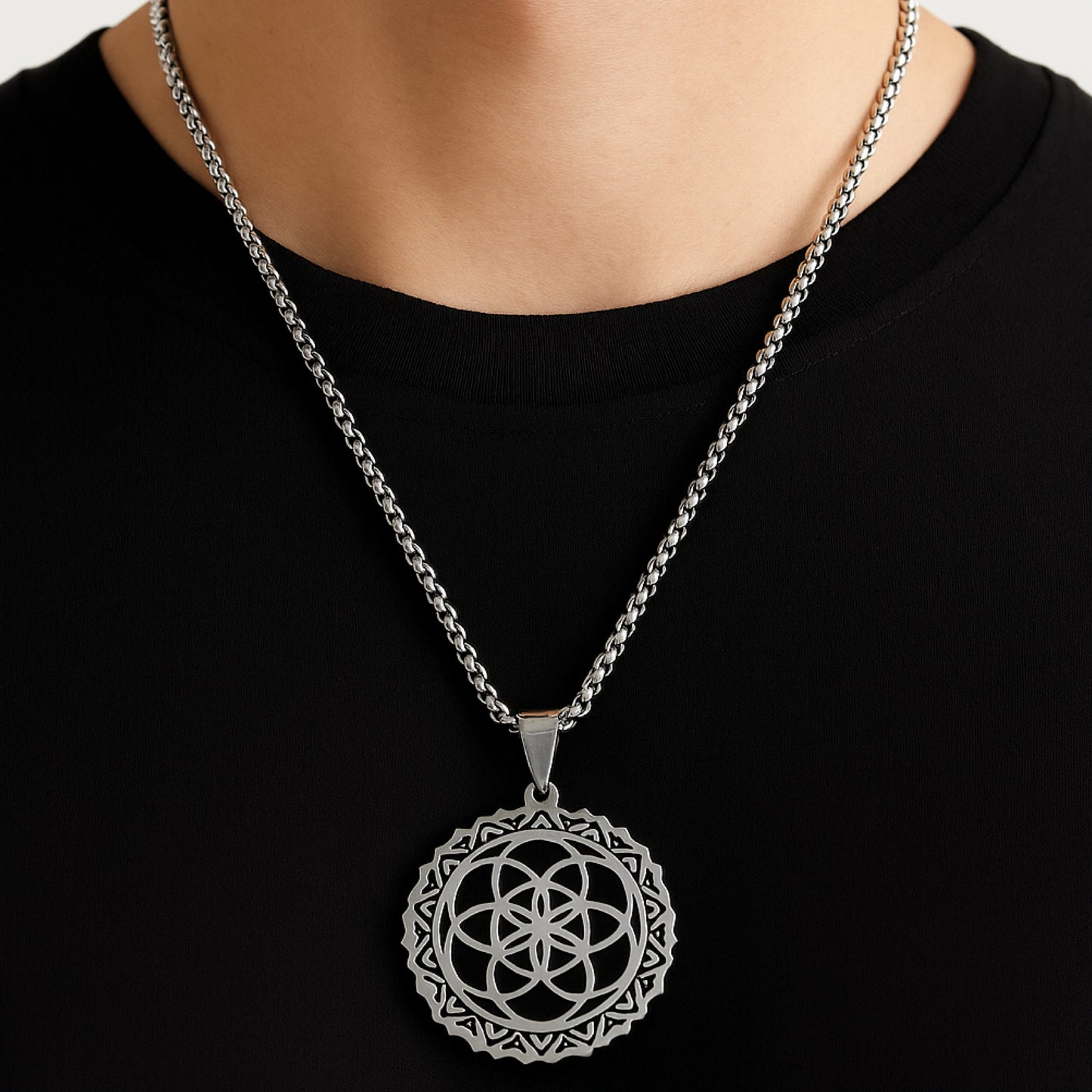 Stainless Steel Necklace | 24” Chain | 2” Geometric Mandala Pendant | Jewelry