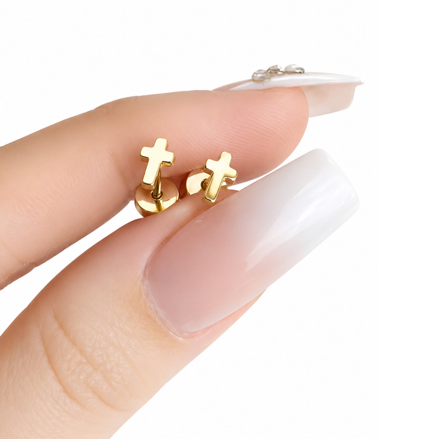 Tiny Gold Cross Flat Back Stud Earrings