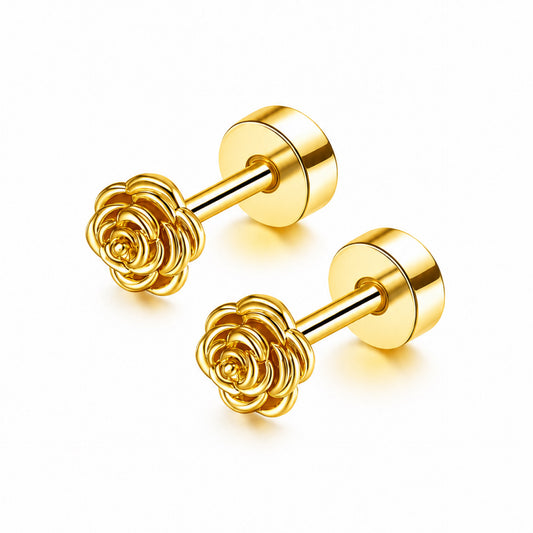 Gold Rose Bud Flat Back Stud Earrings