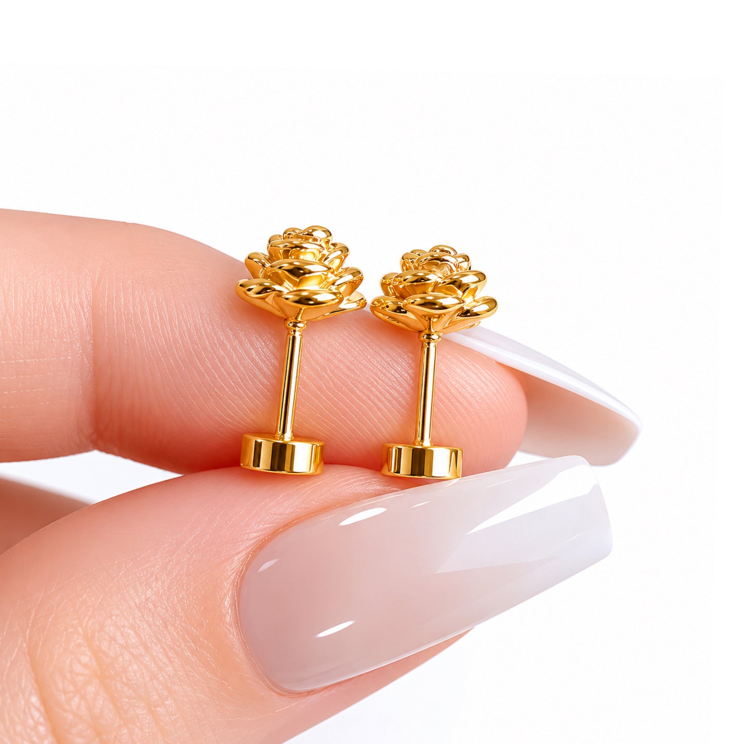 Gold Rose Bud Flat Back Stud Earrings