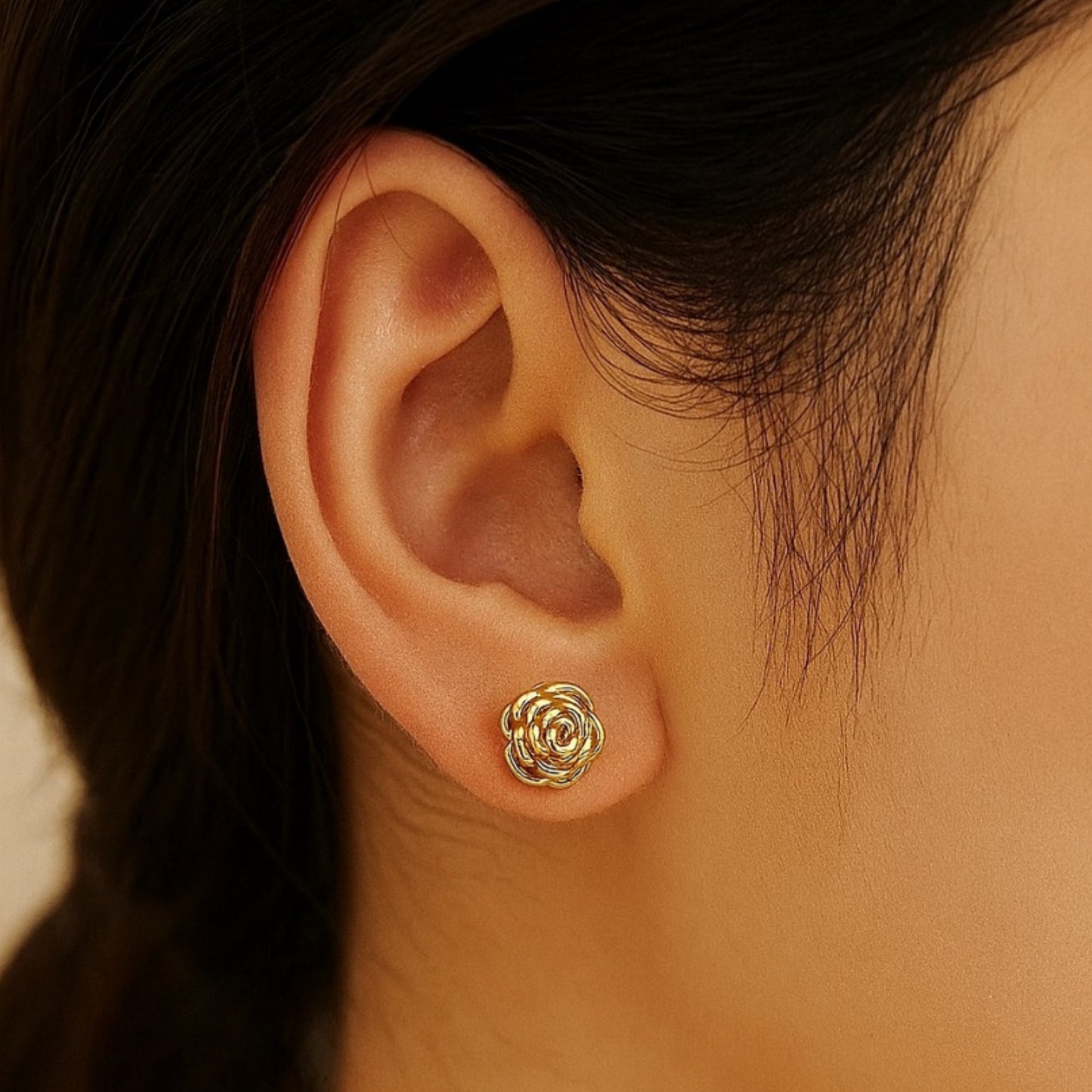 Gold Rose Bud Flat Back Stud Earrings
