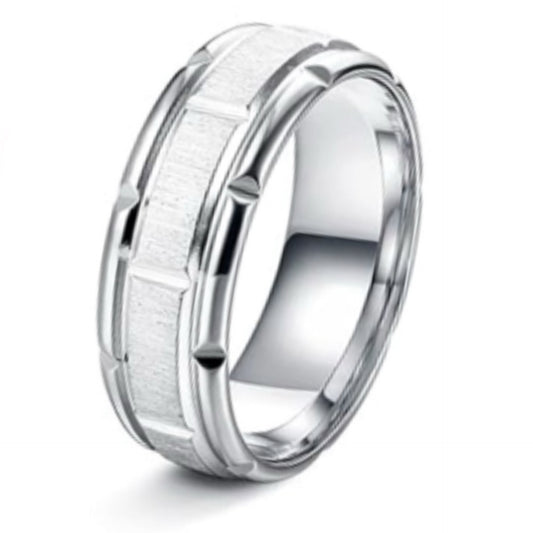 Men’s Silver Stainless Steel Wedding Band Ring 8mm Brushed & Polished Geometric Grooved Edge