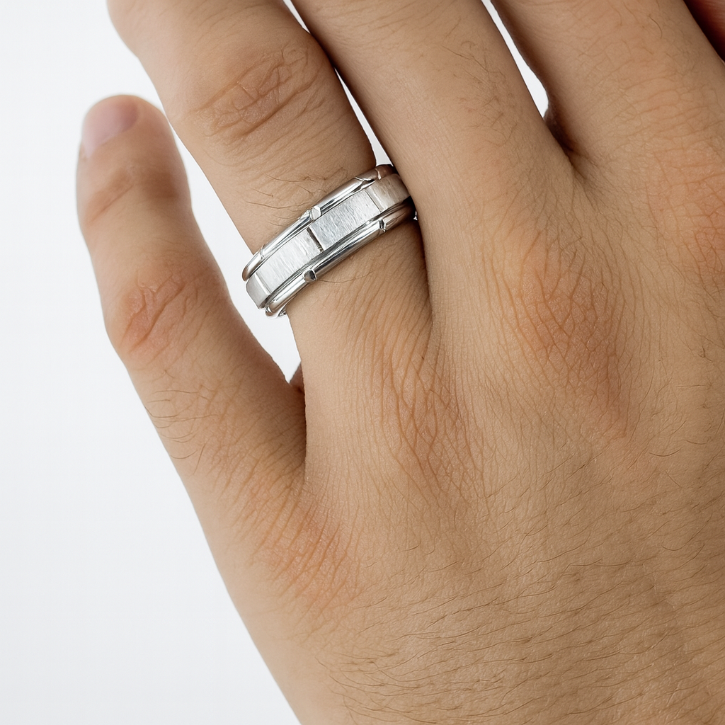Men’s Silver Stainless Steel Wedding Band Ring 8mm Brushed & Polished Geometric Grooved Edge