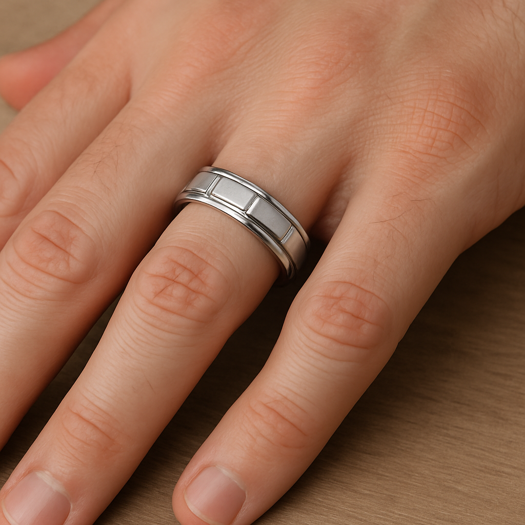 Men’s Silver Stainless Steel Wedding Band Ring 8mm Brushed & Polished Geometric Grooved Edge