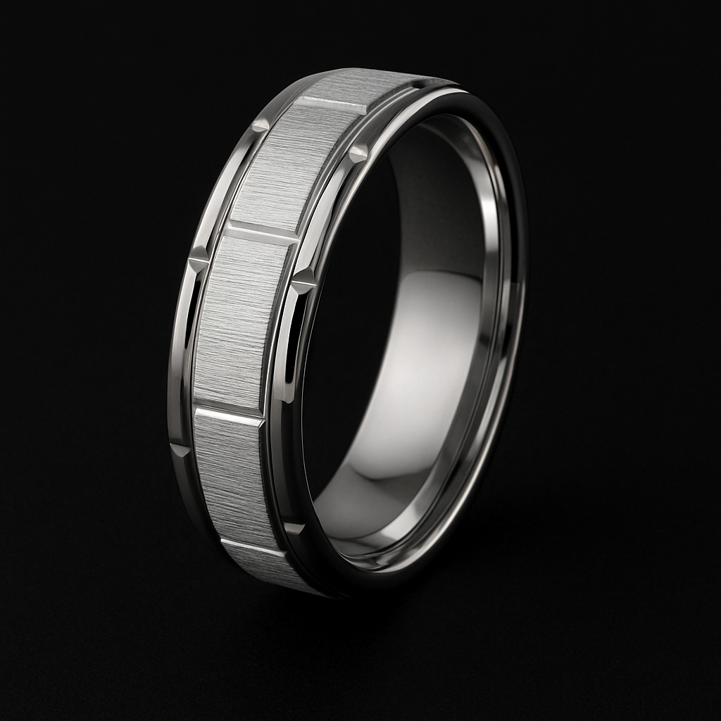Men’s Silver Stainless Steel Wedding Band Ring 8mm Brushed & Polished Geometric Grooved Edge