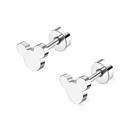 Silver Mouse Head Flat Back Stud Earrings