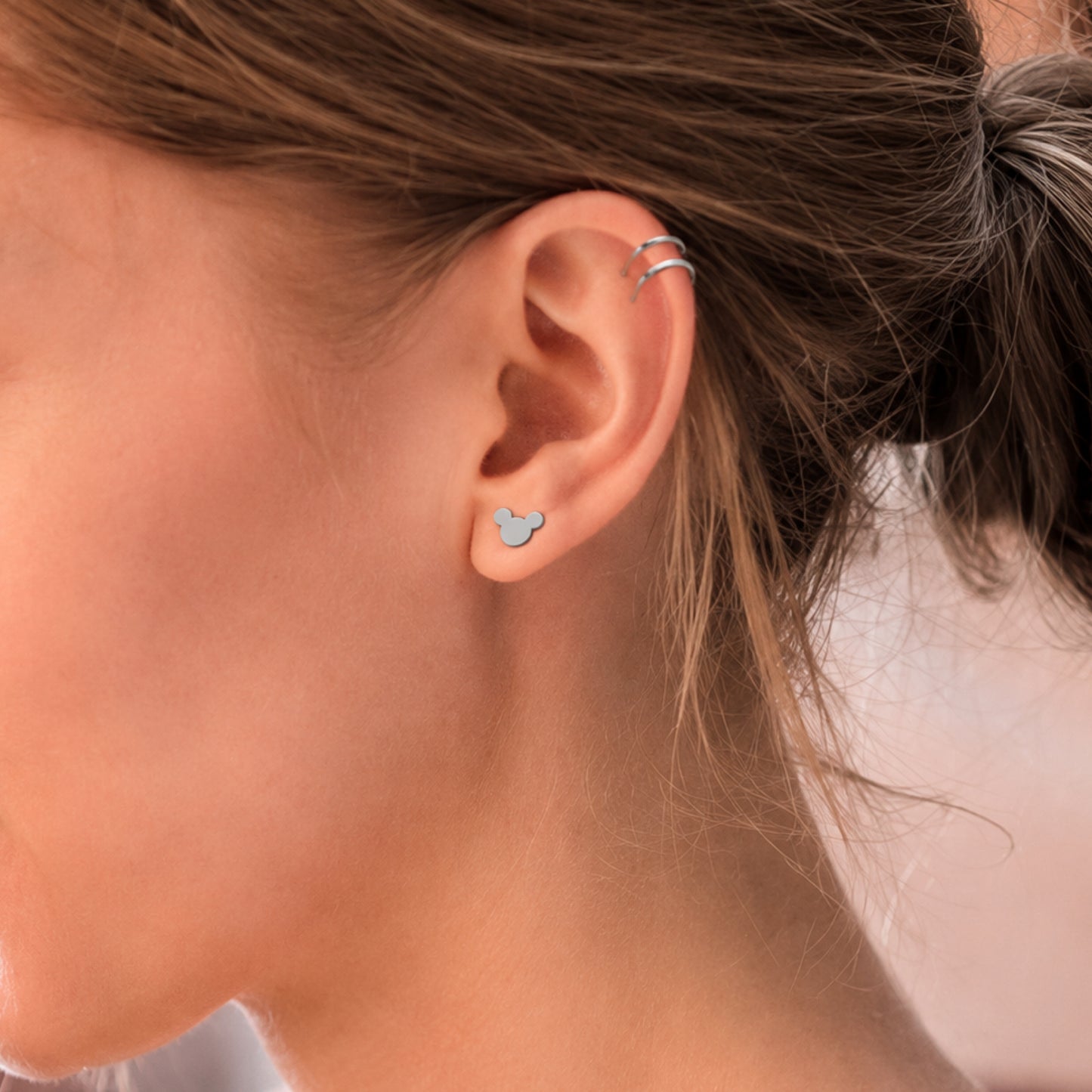 Silver Mouse Head Flat Back Stud Earrings