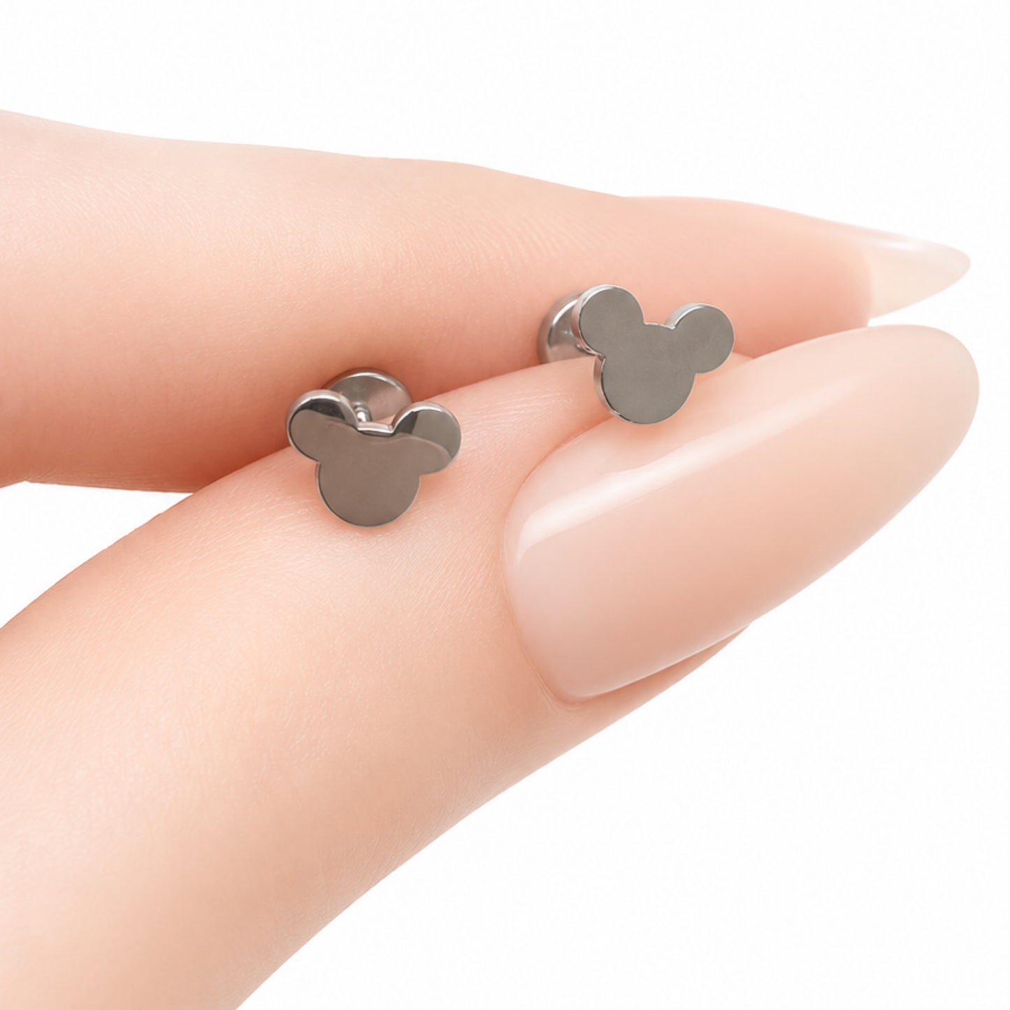 Silver Mouse Head Flat Back Stud Earrings
